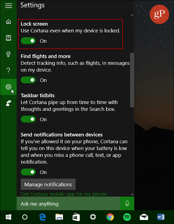 Uključite Cortana Lock Screen Windows 10