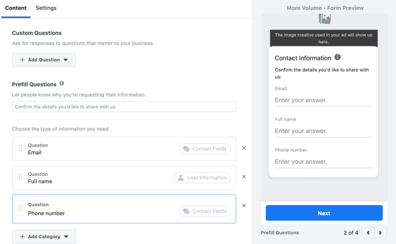 dodajte prilagođena pitanja u obrazac za generiranje potencijalnih klijenata na Facebooku