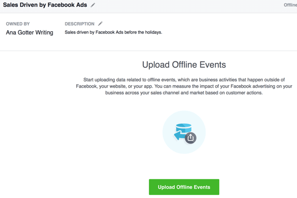 Ovaj odjeljak stvaranja izvanmrežnih događaja uključuje prijenos podataka o konverzijama koji će se podudarati s vašim Facebook oglasnim kampanjama.
