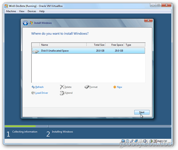 VirtualBox Windows 8 odabrati disk za instalaciju