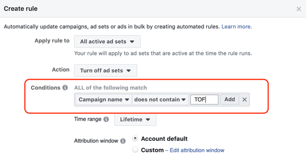 Koristite Facebook automatizirana pravila, zaustavite postavljanje oglasa kada ROAS padne ispod minimalnog, korak 2, postavite uvjete