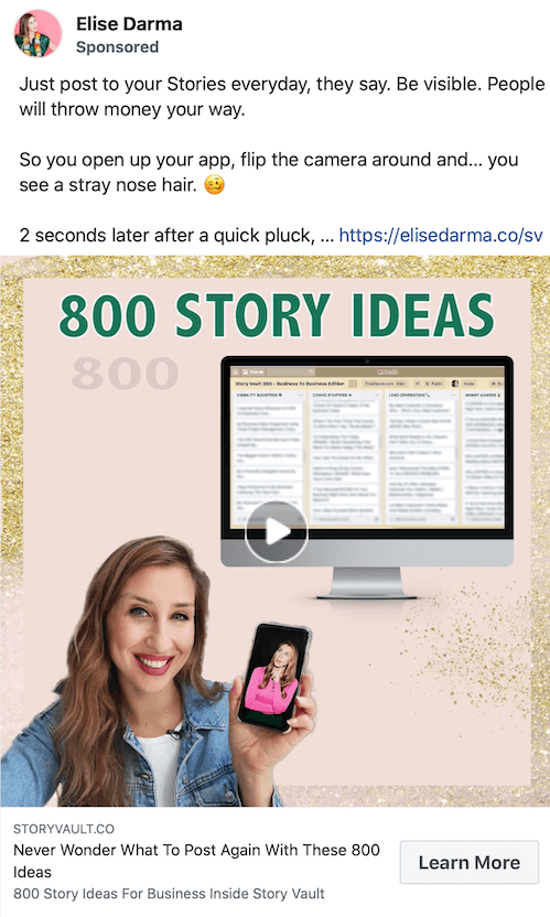 primjer snimljenog zaslona sponzoriranog posta Elise Darme koji promovira 800 ideja za priče