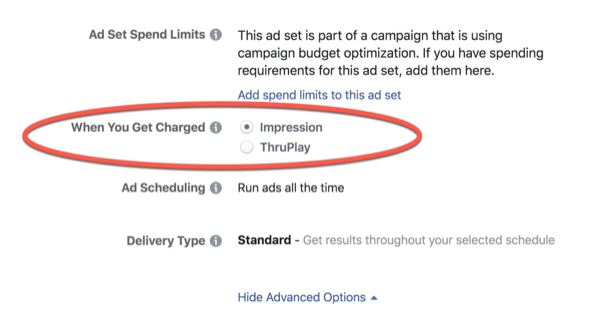 Troškovi optimizacije za Facebook ThruPlay.