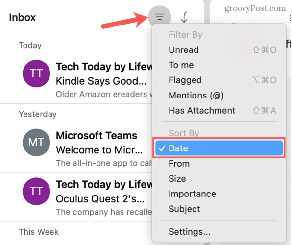 Poredajte po datumu u programu Outlook na Macu