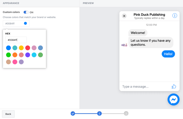 Koristite Google Tag Manager s Facebookom, korak 11, opcije za postavljanje prilagođenih boja za vaš Facebook dodatak za chat