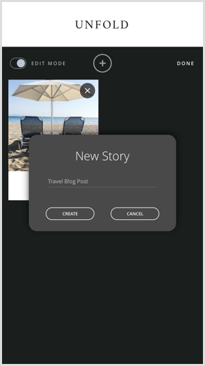 Dodirnite ikonu + da biste stvorili novu priču s Razmotavanjem.