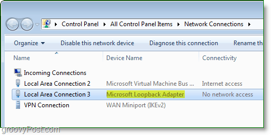 Zaslon za umrežavanje sustava Windows 7 - Microsoftov adapter za povratnu petlju vidljiv u prozoru mrežnih veza