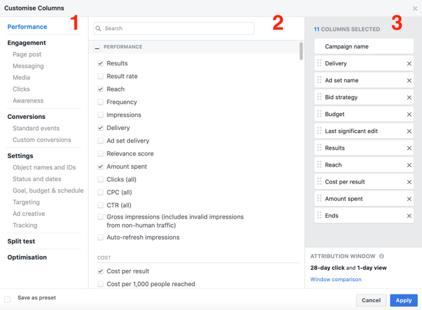 Primjer prozora za stvaranje izvješća Facebook Ads Manager.