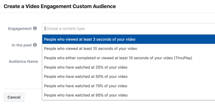 Stvorite prozor za postavljanje prilagođene publike za Video Engagement