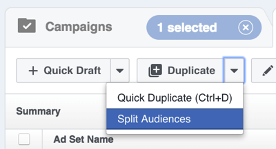 U Facebook Power Editoru kliknite strelicu s desne strane Duplicate i odaberite Split Audiences.