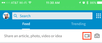 Kliknite ikonu video kamere za stvaranje ažuriranja za LinkedIn video.