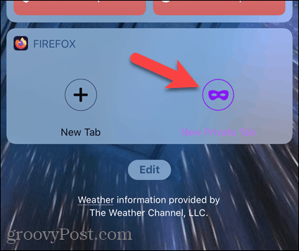Dodirnite Nova privatna kartica na widgetu Firefox u iOS-u