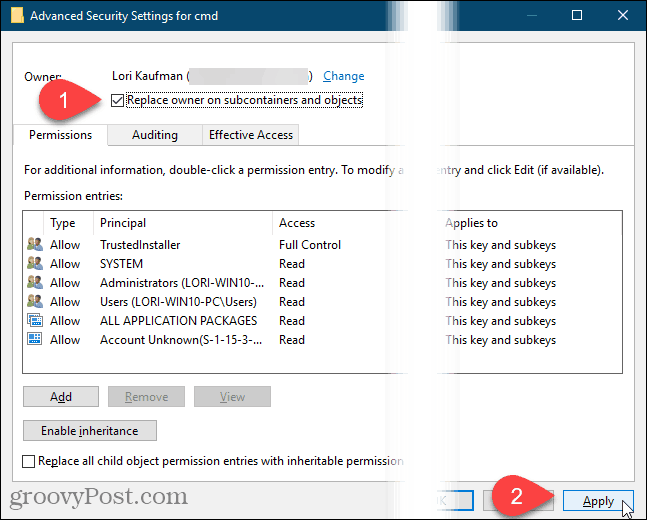 Kliknite Primijeni u dijaloškom okviru Napredne sigurnosne postavke u registru sustava Windows