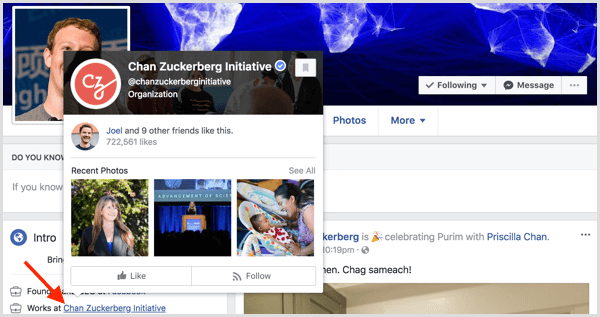 Korisnici vide pregled kada lebde iznad povezanih marki i tvrtki u odjeljku O osobnom profilu Facebooka.