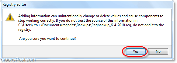 potvrditi vraćanje registra Windows 7 i Vista