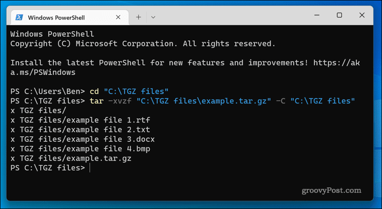 Izdvajanje TGZ datoteka u sustavu Windows 11 pomoću terminalske aplikacije