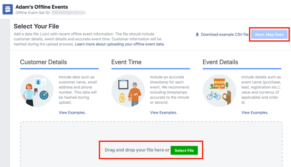 Mogućnost povlačenja i ispuštanja vaše podatkovne datoteke u Facebook Ads Manager.
