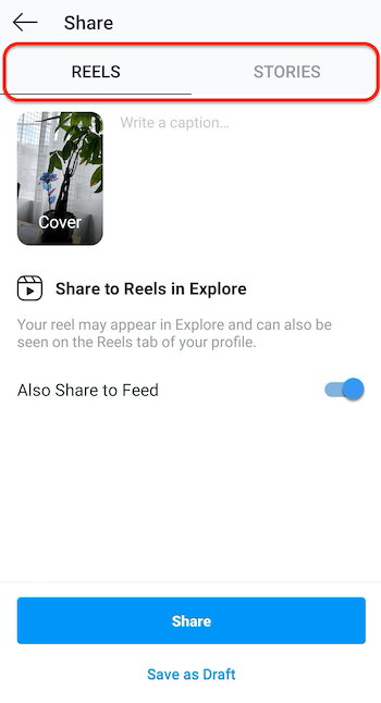 snimka zaslona zaslona za postavljanje instagrama koji prikazuje karticu koluta koja omogućava dijeljenje koluta u istraživanju i vašem feedu
