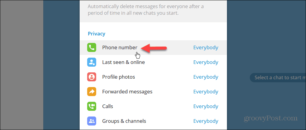Postavka privatnosti telefonskog broja u stolnoj aplikaciji Telegram