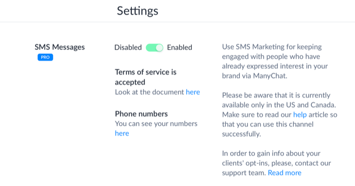 Opcija ManyChat SMS poruka u postavkama