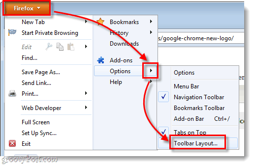 mogućnosti izbornika Firefox> izgled alatne trake