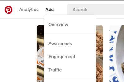 Odjeljak Pinterest oglasi možete pronaći u gornjoj lijevoj navigacijskoj traci.