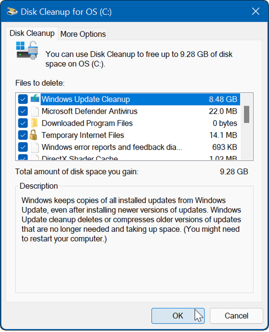rezultat će biti nekoliko privremenih datoteka uključujući čišćenje Windows Update