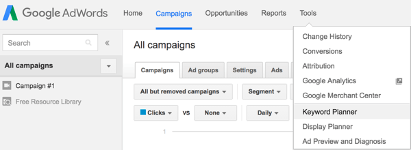 U Google AdWordsu odaberite Planer ključnih riječi s izbornika Alati.