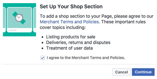 Pristanite na Uvjete i politike trgovca da biste postavili odjeljak Facebook trgovine.