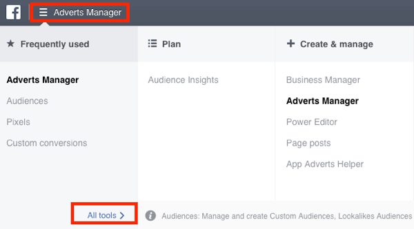 Idite na nadzornu ploču Audiences u vašem Facebook Ads Manageru.