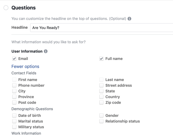 Opcije pitanja za Facebook oglasnu kampanju.