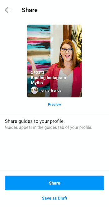 primjer stvorite zaslon za dijeljenje vodiča za instagram s prikazom u plavoj boji ispod slike naslovnice, zajedno s opcijama donjeg gumba za dijeljenje i spremanje kao skicu
