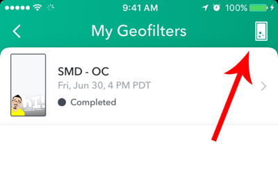 Ako ste prethodno izradili Snapchat geofilter, dodirnite ikonu za stvaranje na vrhu zaslona.