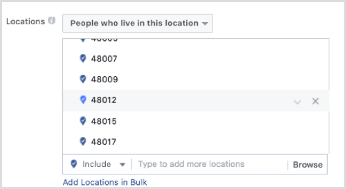 Facebook ciljanje oglasa poštanskim brojem.