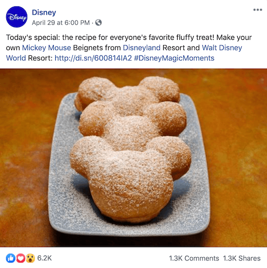 Disneyjeva objava na Facebooku s vezom do recepta za Mickey Mouse beignete