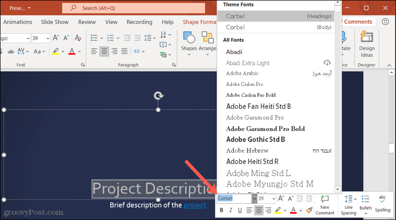 Fontovi na alatnoj traci u programu PowerPoint u sustavu Windows