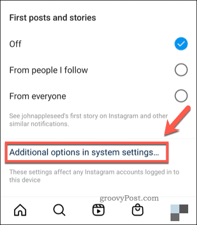 Otvorite postavke sustava za obavijesti na Instagramu