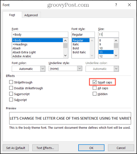 Upotrijebite mala slova u programu Word u sustavu Windows