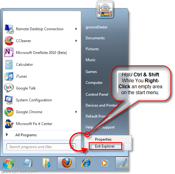 držite tipke i kliknite desnom tipkom miša za izlaz iz Explorera u sustavu Windows 7