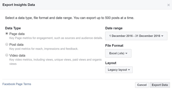 Odaberite vrstu podataka, raspon, format datoteke i izgled za svoje Facebook Insights podatke.