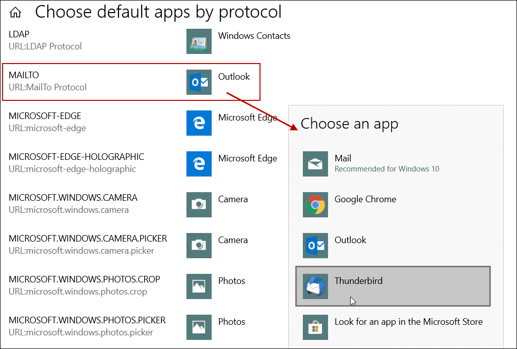 Postavljanje zadane aplikacije za e-poštu pomoću protokola Windows 10