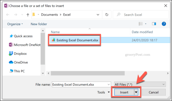 Dodavanje Excel datoteke kao privitka datoteke u OneNote