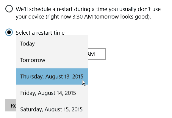 Raspored dana ponovnog pokretanja Windows 10