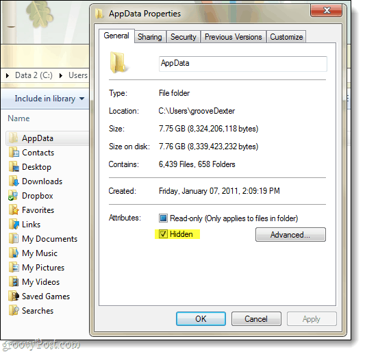 skriveni podaci aplikacija u sustavu Windows 7