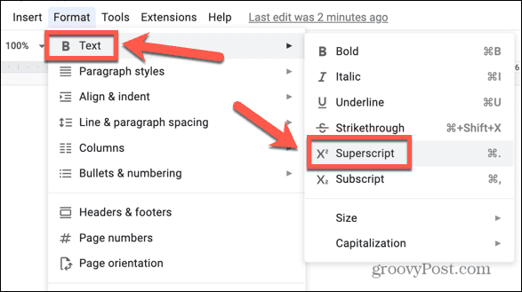 google docs format superskript