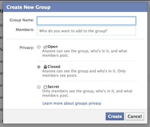 zaslon za postavljanje facebook grupe
