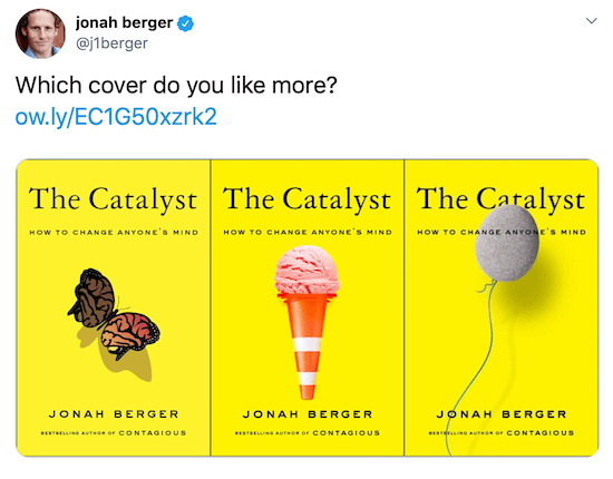 Jonah Berger tweetio je sa slikama tri moguće naslovnice knjiga