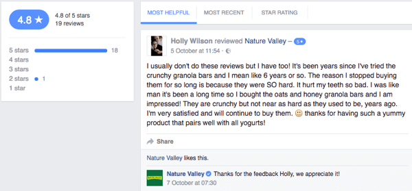 Kupac Nature Valley ostavlja recenziju kupaca na Facebook stranici tvrtke.
