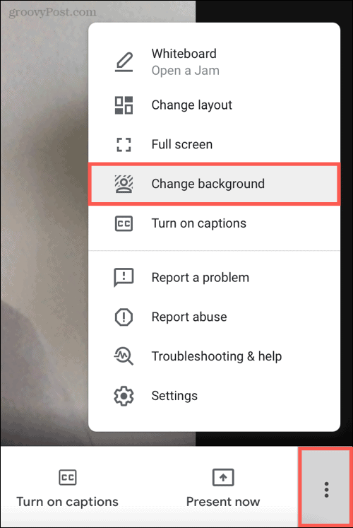 Više opcija, promijenite pozadinu na Google Meetu