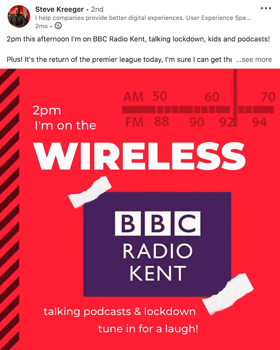 primjer povezanog videozapisa od Stevea Kreegera koji najavljuje pojavu podcasta na bbc radio kentu